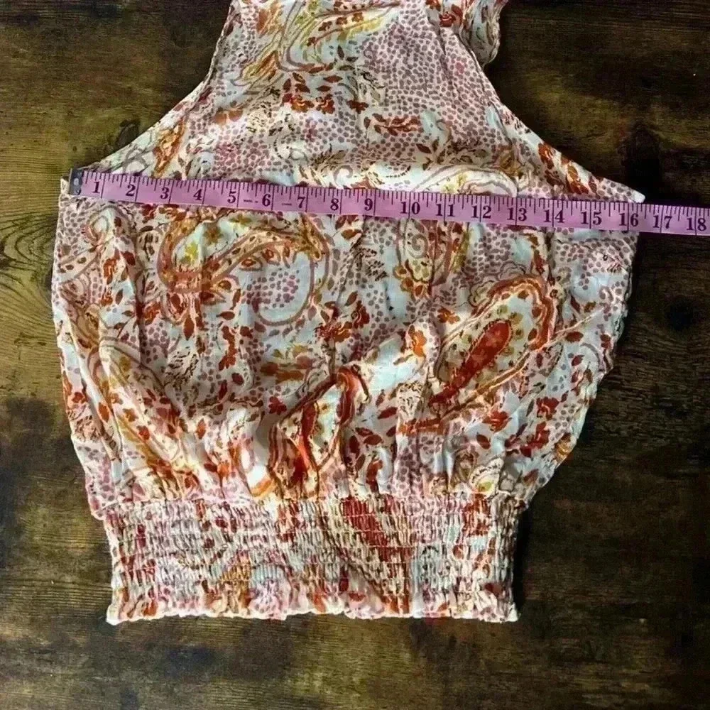 Cynthia Rowley Paisley Boho Mock Neck Smocked Waist Top in Cream/Orange, XS. NWT - Picture 8 of 9